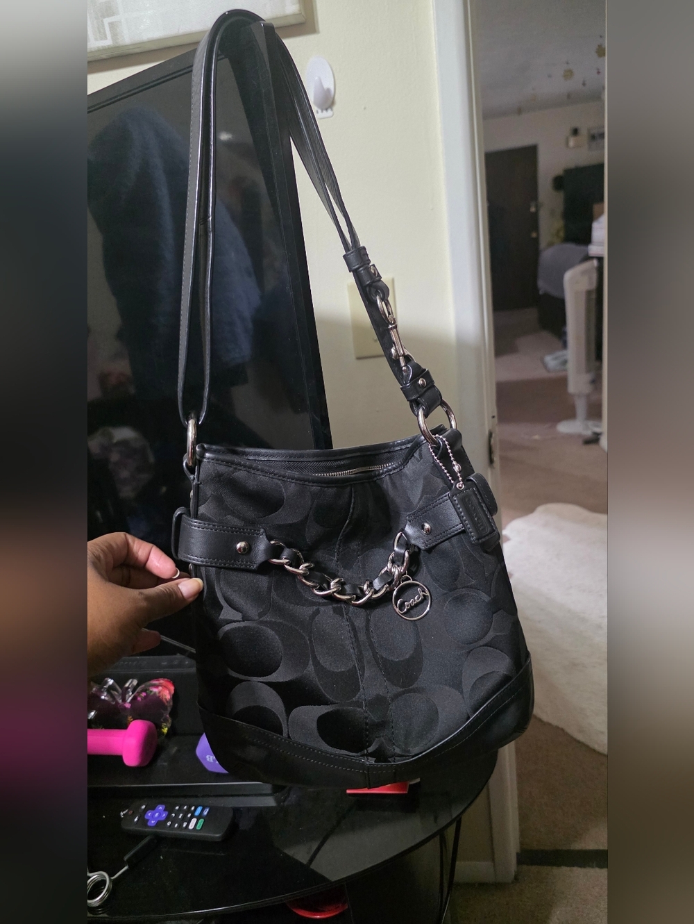 Coach Black Signature Jacquard Shoulder Bag with Chain Accent